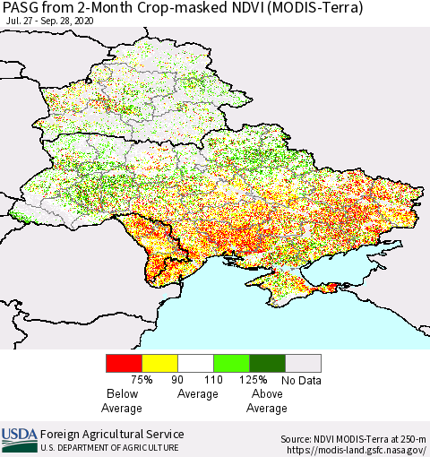 Ukraine, Moldova and Belarus PASG from 2-Month Cropland NDVI (Terra-MODIS) Thematic Map For 9/21/2020 - 9/30/2020