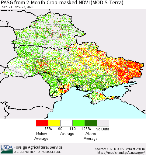 Ukraine, Moldova and Belarus PASG from 2-Month Cropland NDVI (Terra-MODIS) Thematic Map For 11/21/2020 - 11/30/2020