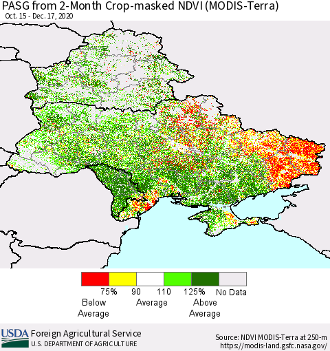 Ukraine, Moldova and Belarus PASG from 2-Month Cropland NDVI (Terra-MODIS) Thematic Map For 12/11/2020 - 12/20/2020