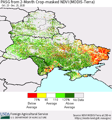 Ukraine, Moldova and Belarus PASG from 2-Month Cropland NDVI (Terra-MODIS) Thematic Map For 12/21/2020 - 12/31/2020