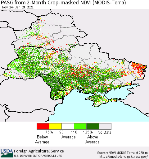 Ukraine, Moldova and Belarus PASG from 2-Month Cropland NDVI (Terra-MODIS) Thematic Map For 1/21/2021 - 1/31/2021