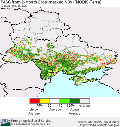 Ukraine, Moldova and Belarus PASG from 2-Month Cropland NDVI (Terra-MODIS) Thematic Map For 2/21/2021 - 2/28/2021