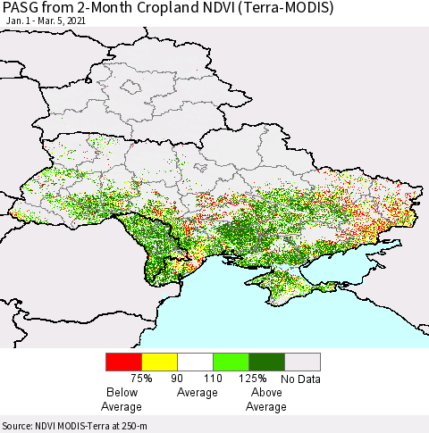 Ukraine, Moldova and Belarus PASG from 2-Month Cropland NDVI (Terra-MODIS) Thematic Map For 2/26/2021 - 3/5/2021