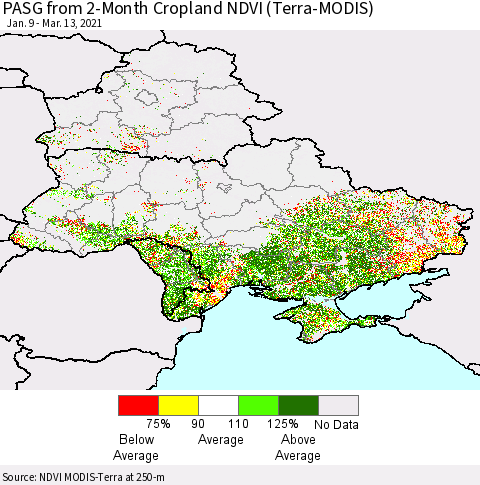 Ukraine, Moldova and Belarus PASG from 2-Month Cropland NDVI (Terra-MODIS) Thematic Map For 3/6/2021 - 3/13/2021