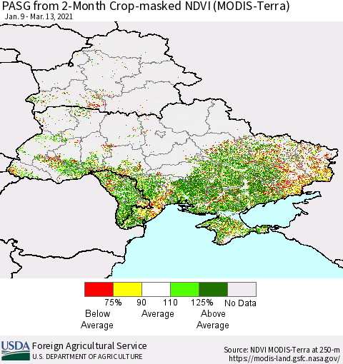 Ukraine, Moldova and Belarus PASG from 2-Month Cropland NDVI (Terra-MODIS) Thematic Map For 3/11/2021 - 3/20/2021