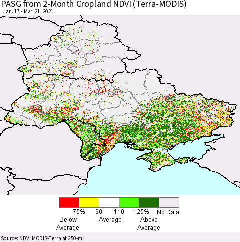 Ukraine, Moldova and Belarus PASG from 2-Month Cropland NDVI (Terra-MODIS) Thematic Map For 3/14/2021 - 3/21/2021