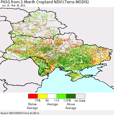 Ukraine, Moldova and Belarus PASG from 2-Month Cropland NDVI (Terra-MODIS) Thematic Map For 3/22/2021 - 3/29/2021