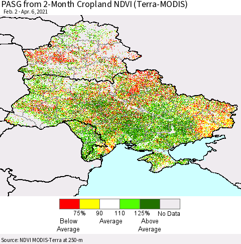 Ukraine, Moldova and Belarus PASG from 2-Month Cropland NDVI (Terra-MODIS) Thematic Map For 3/30/2021 - 4/6/2021