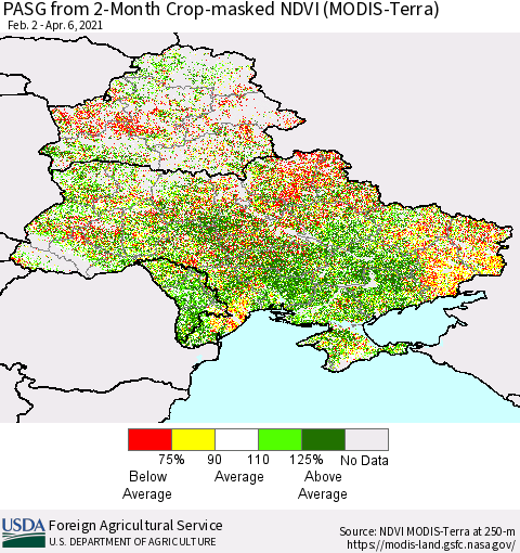 Ukraine, Moldova and Belarus PASG from 2-Month Cropland NDVI (Terra-MODIS) Thematic Map For 4/1/2021 - 4/10/2021