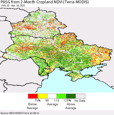 Ukraine, Moldova and Belarus PASG from 2-Month Cropland NDVI (Terra-MODIS) Thematic Map For 4/7/2021 - 4/14/2021