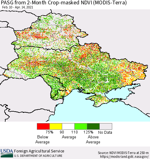 Ukraine, Moldova and Belarus PASG from 2-Month Cropland NDVI (Terra-MODIS) Thematic Map For 4/11/2021 - 4/20/2021