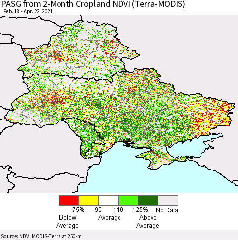 Ukraine, Moldova and Belarus PASG from 2-Month Cropland NDVI (Terra-MODIS) Thematic Map For 4/15/2021 - 4/22/2021