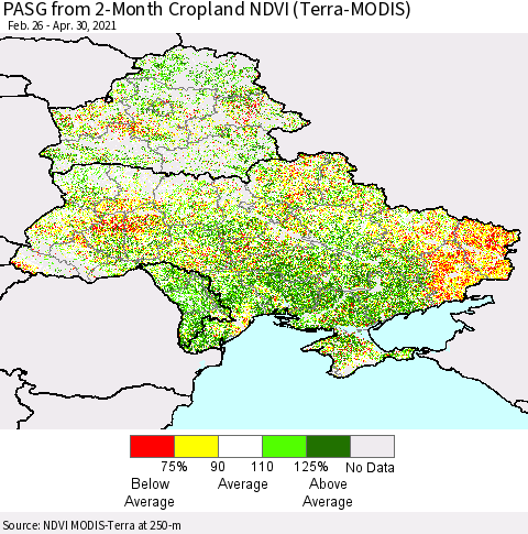 Ukraine, Moldova and Belarus PASG from 2-Month Cropland NDVI (Terra-MODIS) Thematic Map For 4/21/2021 - 4/30/2021
