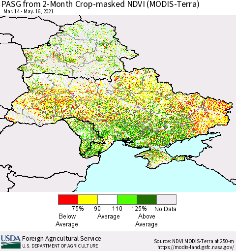 Ukraine, Moldova and Belarus PASG from 2-Month Cropland NDVI (Terra-MODIS) Thematic Map For 5/11/2021 - 5/20/2021
