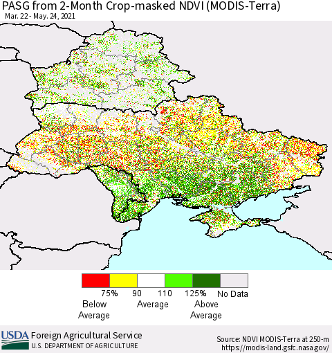Ukraine, Moldova and Belarus PASG from 2-Month Cropland NDVI (Terra-MODIS) Thematic Map For 5/21/2021 - 5/31/2021