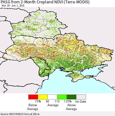 Ukraine, Moldova and Belarus PASG from 2-Month Cropland NDVI (Terra-MODIS) Thematic Map For 5/25/2021 - 6/1/2021