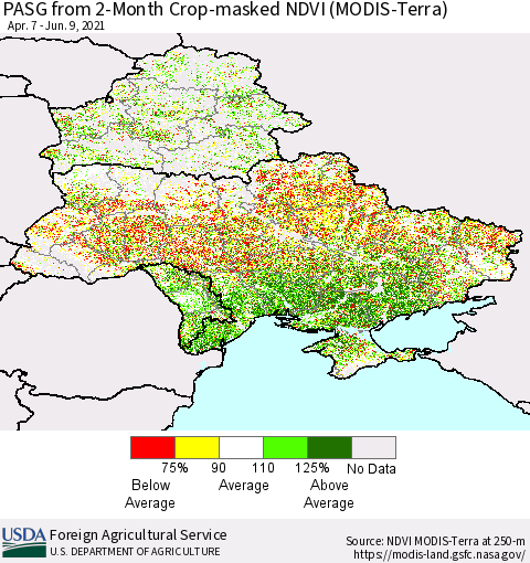 Ukraine, Moldova and Belarus PASG from 2-Month Cropland NDVI (Terra-MODIS) Thematic Map For 6/1/2021 - 6/10/2021