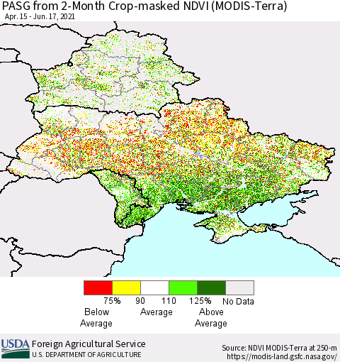 Ukraine, Moldova and Belarus PASG from 2-Month Cropland NDVI (Terra-MODIS) Thematic Map For 6/11/2021 - 6/20/2021