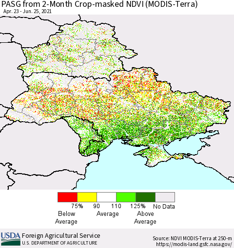 Ukraine, Moldova and Belarus PASG from 2-Month Cropland NDVI (Terra-MODIS) Thematic Map For 6/21/2021 - 6/30/2021