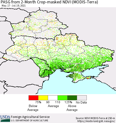 Ukraine, Moldova and Belarus PASG from 2-Month Cropland NDVI (Terra-MODIS) Thematic Map For 7/11/2021 - 7/20/2021