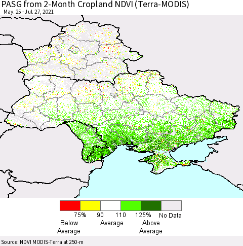 Ukraine, Moldova and Belarus PASG from 2-Month Cropland NDVI (Terra-MODIS) Thematic Map For 7/20/2021 - 7/27/2021
