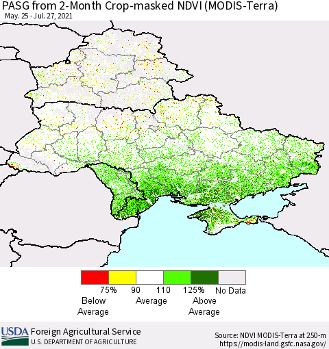 Ukraine, Moldova and Belarus PASG from 2-Month Cropland NDVI (Terra-MODIS) Thematic Map For 7/21/2021 - 7/31/2021