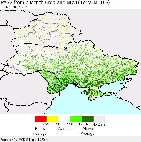 Ukraine, Moldova and Belarus PASG from 2-Month Cropland NDVI (Terra-MODIS) Thematic Map For 7/28/2021 - 8/4/2021