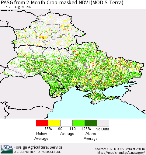 Ukraine, Moldova and Belarus PASG from 2-Month Cropland NDVI (Terra-MODIS) Thematic Map For 8/21/2021 - 8/31/2021