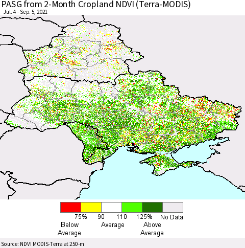 Ukraine, Moldova and Belarus PASG from 2-Month Cropland NDVI (Terra-MODIS) Thematic Map For 8/29/2021 - 9/5/2021
