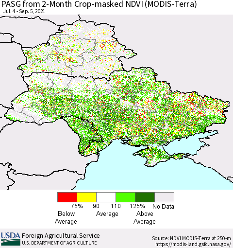 Ukraine, Moldova and Belarus PASG from 2-Month Cropland NDVI (Terra-MODIS) Thematic Map For 9/1/2021 - 9/10/2021