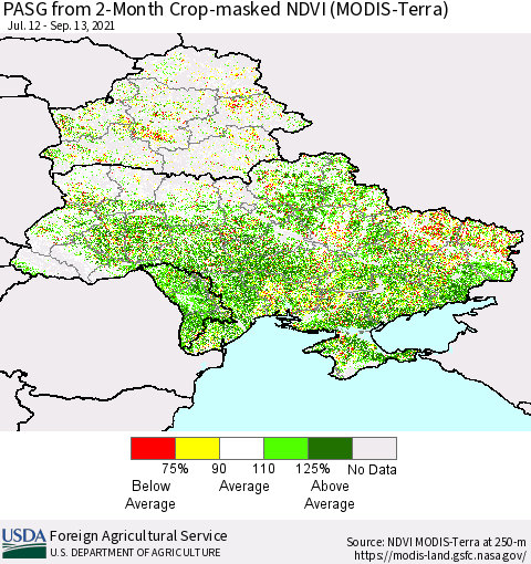Ukraine, Moldova and Belarus PASG from 2-Month Cropland NDVI (Terra-MODIS) Thematic Map For 9/11/2021 - 9/20/2021