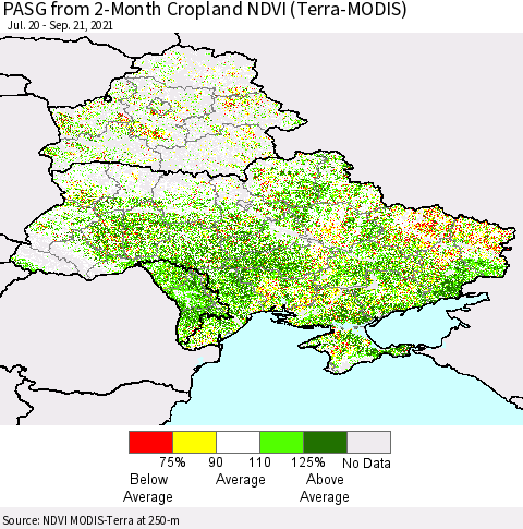 Ukraine, Moldova and Belarus PASG from 2-Month Cropland NDVI (Terra-MODIS) Thematic Map For 9/14/2021 - 9/21/2021