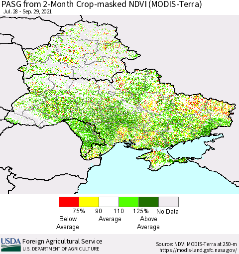 Ukraine, Moldova and Belarus PASG from 2-Month Cropland NDVI (Terra-MODIS) Thematic Map For 9/21/2021 - 9/30/2021