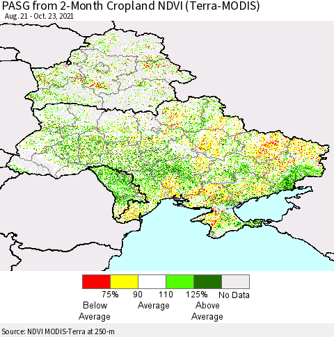 Ukraine, Moldova and Belarus PASG from 2-Month Cropland NDVI (Terra-MODIS) Thematic Map For 10/16/2021 - 10/23/2021