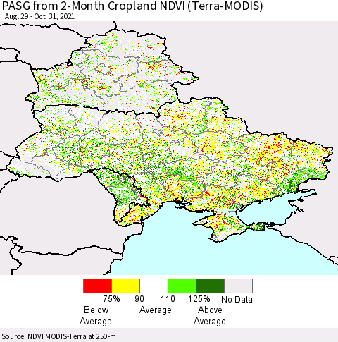Ukraine, Moldova and Belarus PASG from 2-Month Cropland NDVI (Terra-MODIS) Thematic Map For 10/21/2021 - 10/31/2021