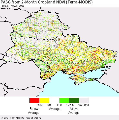 Ukraine, Moldova and Belarus PASG from 2-Month Cropland NDVI (Terra-MODIS) Thematic Map For 11/1/2021 - 11/8/2021