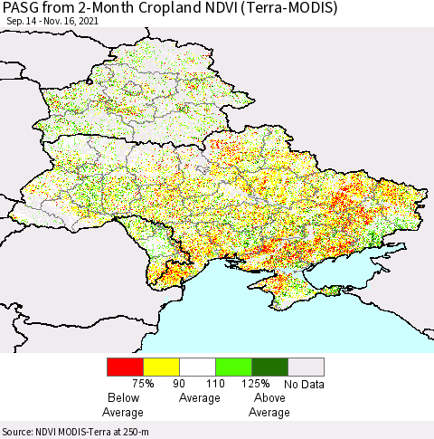 Ukraine, Moldova and Belarus PASG from 2-Month Cropland NDVI (Terra-MODIS) Thematic Map For 11/9/2021 - 11/16/2021