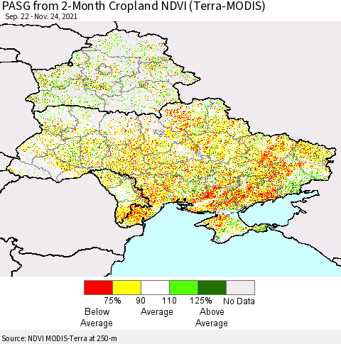 Ukraine, Moldova and Belarus PASG from 2-Month Cropland NDVI (Terra-MODIS) Thematic Map For 11/17/2021 - 11/24/2021