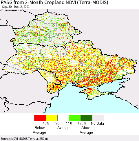 Ukraine, Moldova and Belarus PASG from 2-Month Cropland NDVI (Terra-MODIS) Thematic Map For 11/25/2021 - 12/2/2021