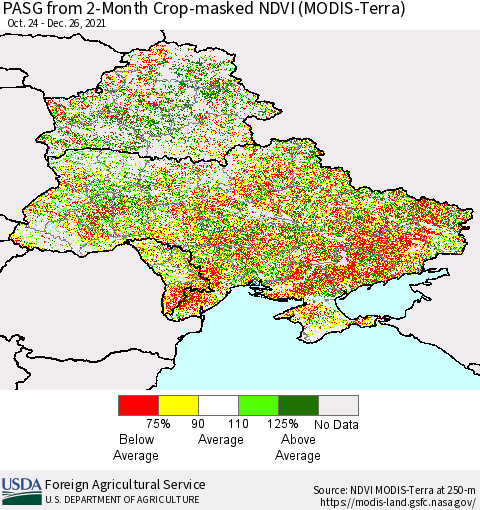 Ukraine, Moldova and Belarus PASG from 2-Month Cropland NDVI (Terra-MODIS) Thematic Map For 12/21/2021 - 12/31/2021