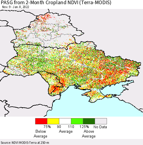 Ukraine, Moldova and Belarus PASG from 2-Month Cropland NDVI (Terra-MODIS) Thematic Map For 1/1/2022 - 1/8/2022