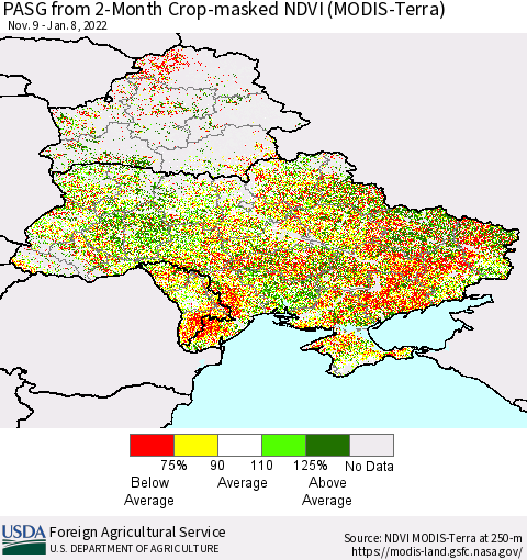 Ukraine, Moldova and Belarus PASG from 2-Month Cropland NDVI (Terra-MODIS) Thematic Map For 1/1/2022 - 1/10/2022