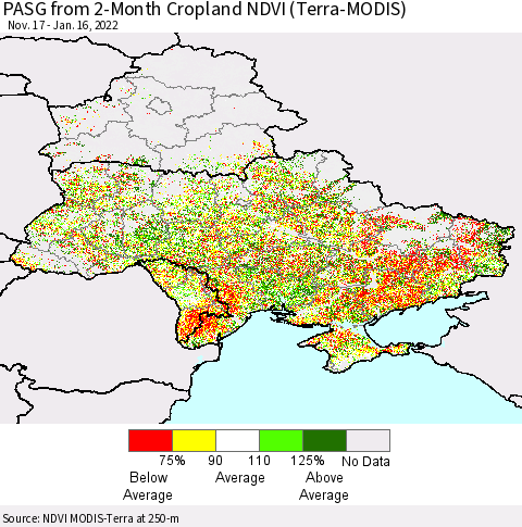 Ukraine, Moldova and Belarus PASG from 2-Month Cropland NDVI (Terra-MODIS) Thematic Map For 1/9/2022 - 1/16/2022
