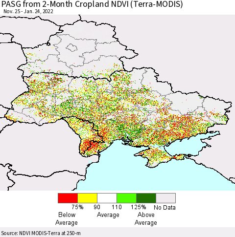 Ukraine, Moldova and Belarus PASG from 2-Month Cropland NDVI (Terra-MODIS) Thematic Map For 1/17/2022 - 1/24/2022