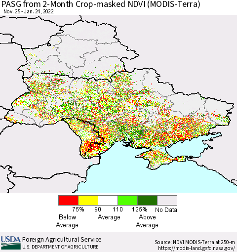 Ukraine, Moldova and Belarus PASG from 2-Month Cropland NDVI (Terra-MODIS) Thematic Map For 1/21/2022 - 1/31/2022