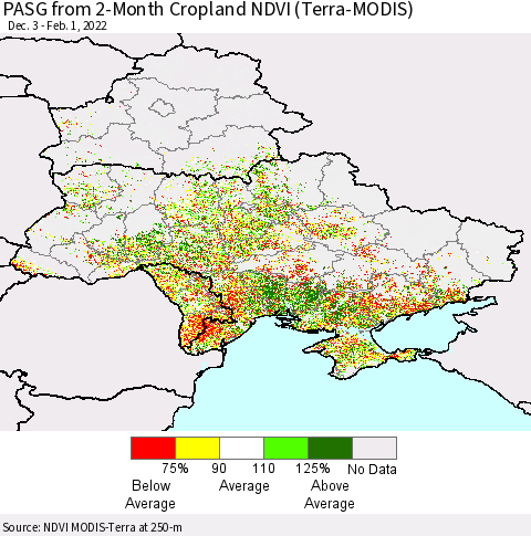 Ukraine, Moldova and Belarus PASG from 2-Month Cropland NDVI (Terra-MODIS) Thematic Map For 1/25/2022 - 2/1/2022