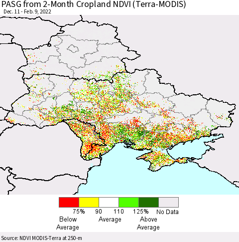 Ukraine, Moldova and Belarus PASG from 2-Month Cropland NDVI (Terra-MODIS) Thematic Map For 2/2/2022 - 2/9/2022