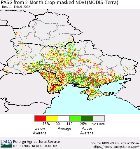 Ukraine, Moldova and Belarus PASG from 2-Month Cropland NDVI (Terra-MODIS) Thematic Map For 2/1/2022 - 2/10/2022