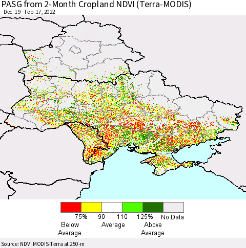 Ukraine, Moldova and Belarus PASG from 2-Month Cropland NDVI (Terra-MODIS) Thematic Map For 2/10/2022 - 2/17/2022