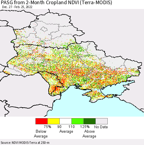 Ukraine, Moldova and Belarus PASG from 2-Month Cropland NDVI (Terra-MODIS) Thematic Map For 2/18/2022 - 2/25/2022